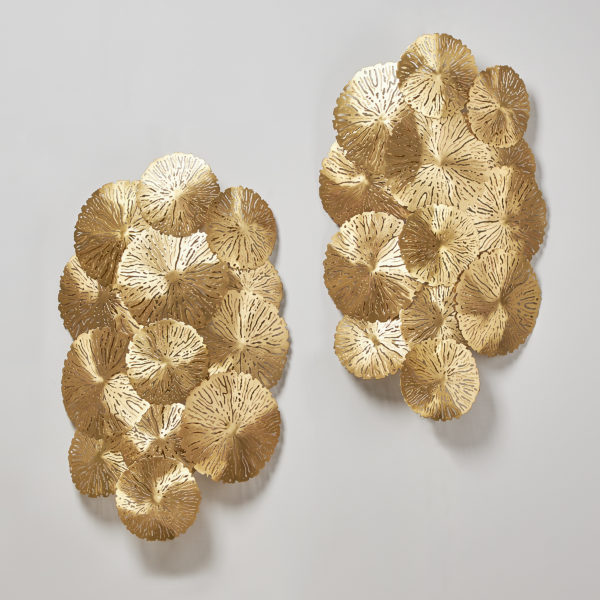 Pair of pierce brass ‘lily pad’ cluster wall sconces