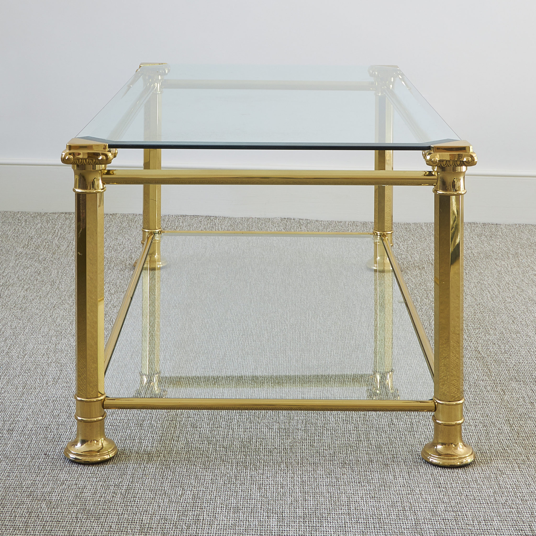 Brass and glass mounted two tier coffee table, probably Italian BEAR