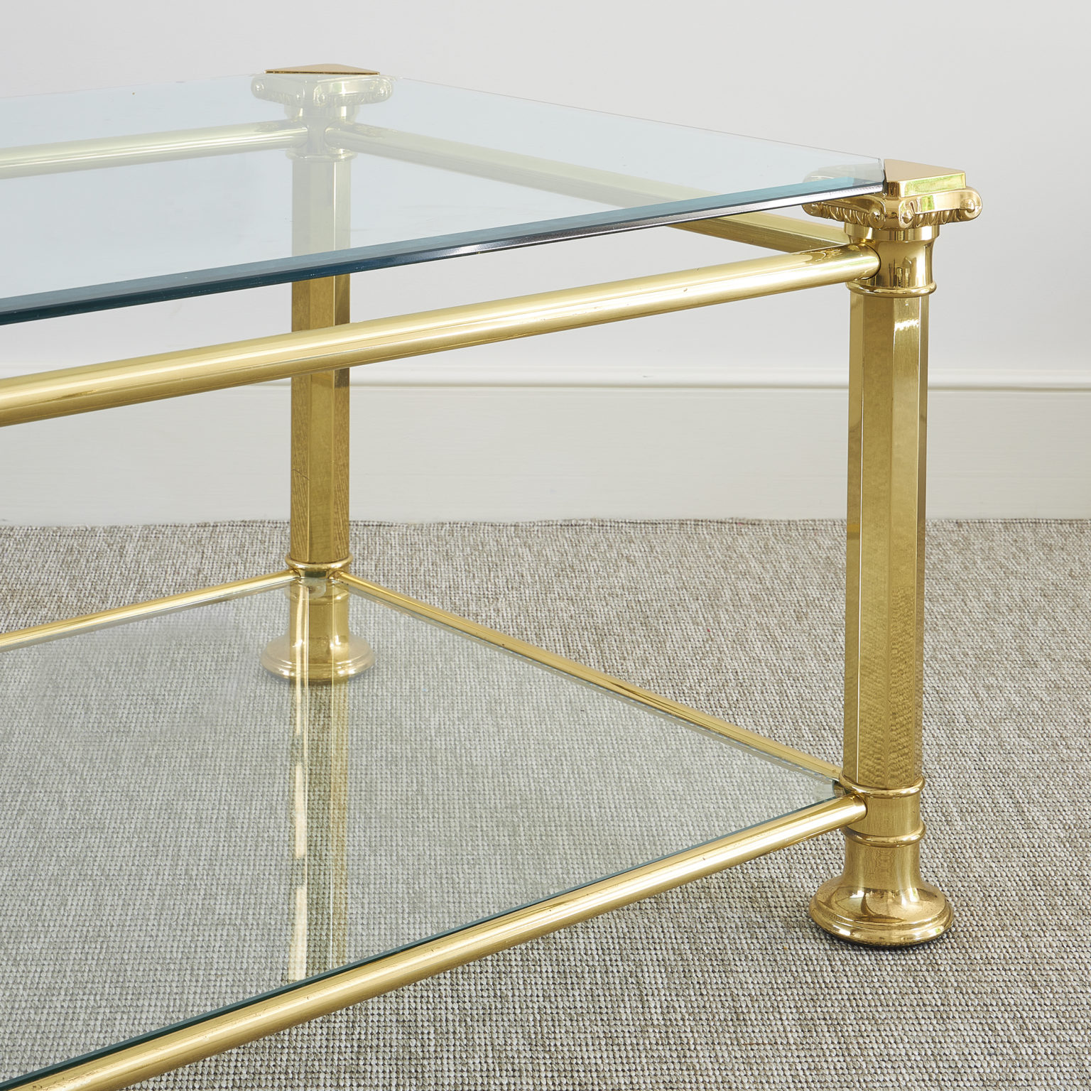Brass and glass mounted two tier coffee table, probably Italian BEAR