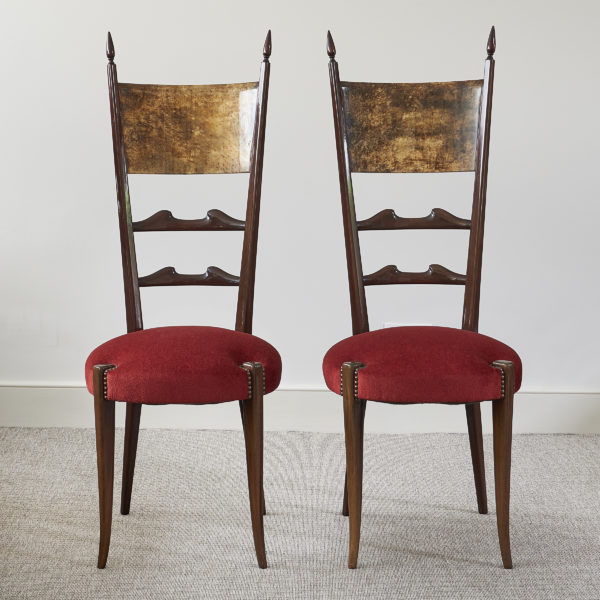 Pair of Italian lacquered parchment and mahogany side chairs by Aldo Tura