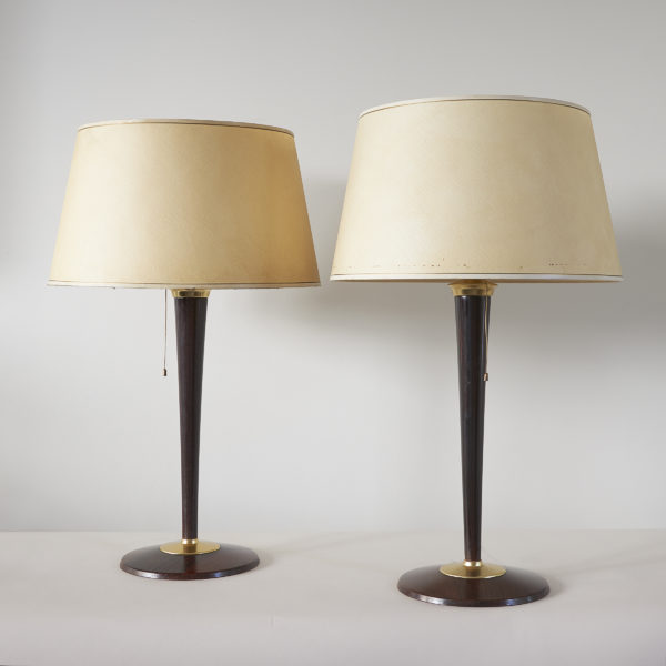 Pair of large Italian painted faux rosewood metal table lamps, 1950s