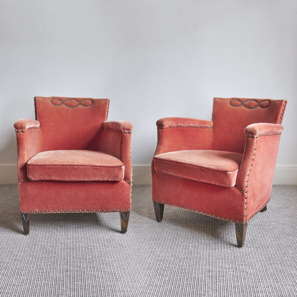 Pair of armchairs with original mohair velvet and brass studs by Otto Schulz for Boet, Gothenburg. c. 1930s