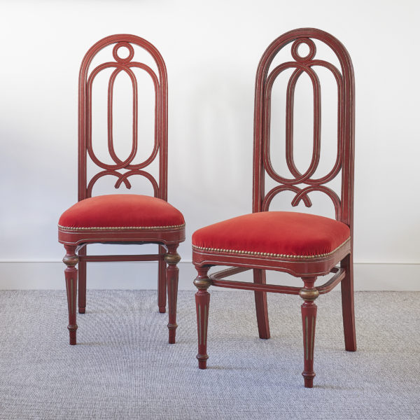 Pair of Austrian red ‘Gothic-form’ no. 38 side chairs by Thonet