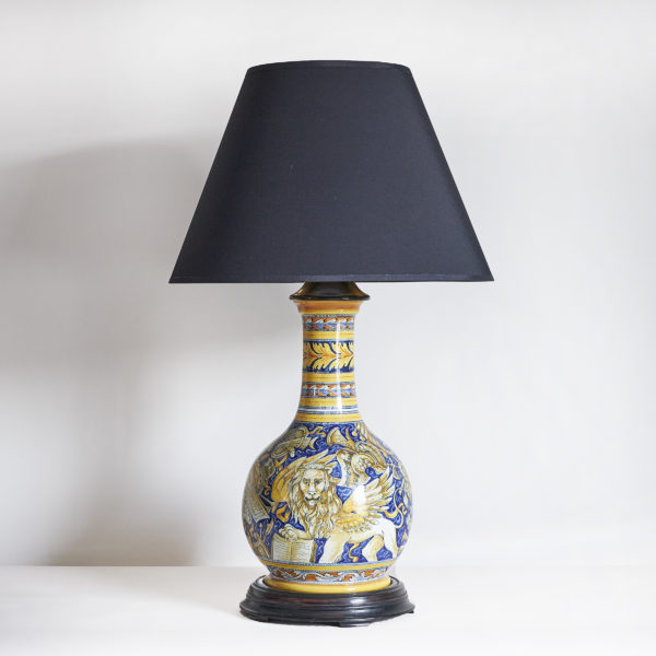 Italian maiolica ‘Castel Durante’ style pottery vase converted into a lamp, probably Cantagalli