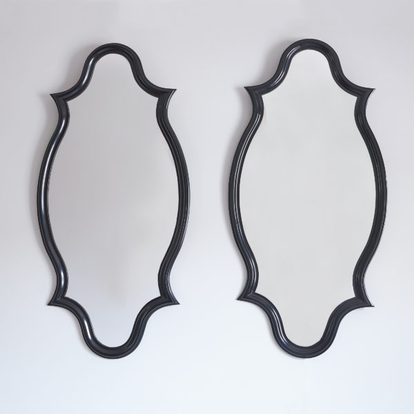 Pair of bespoke Venetian style black lacquered ‘Constance’ pier mirrors by Jonathan Sainsbury