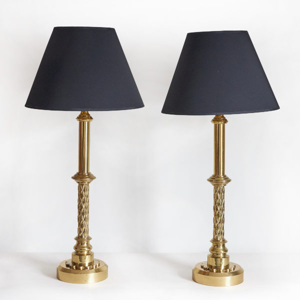 Pair of tall gilt-bronze gothic revival style table lamps; with hand painted shades
