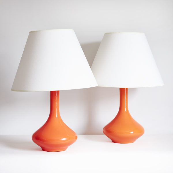 Pair of Danish orange glass table lamps designed by Jacob E Bang for Holmegagrd, c. 1960s