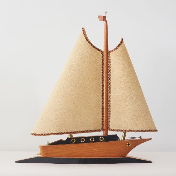 Vintage teak and vellum lamp in the form of a sailing yacht