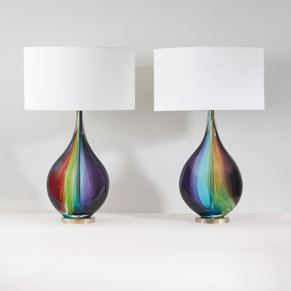 Pair of English made, hand-blown rainbow glass table lamps
