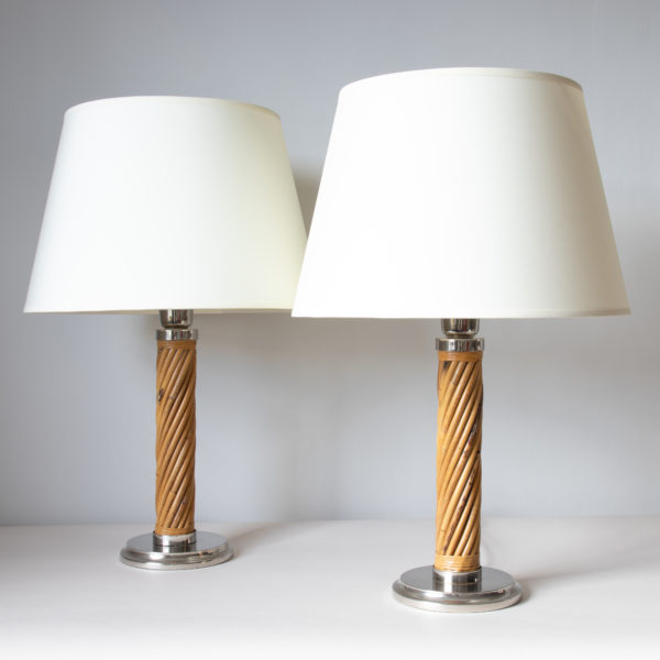 Pair of Italian polished nickel mounted bamboo table lamps, style of Gabriella Crespi, Italy, c. 1970