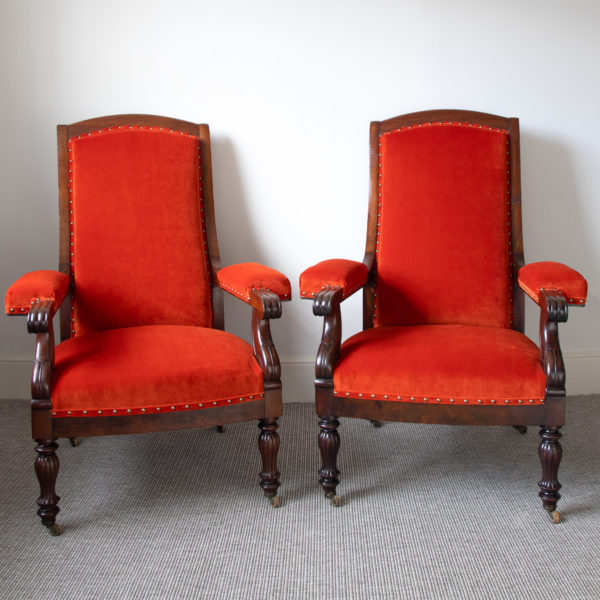 Pair of unusual Louis Philippe mahogany Bergère chairs, C. 1830