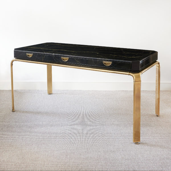 Impressive American lacquered, faux marble and polished brass writing table by John Widdicomb for Mastercraft, Grand Rapids, c. 1970s