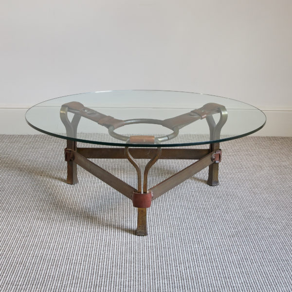 French cast iron and leather-mounted coffee table, by Jean-Pierre Ryckaert, 1950s