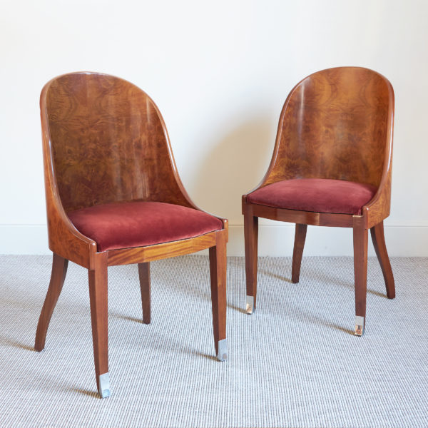 Pair of figured walnut tub back chairs