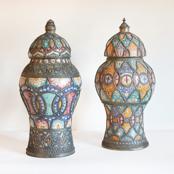Two Moroccan silver-mounted, lidded pottery jars, mid 20th Century