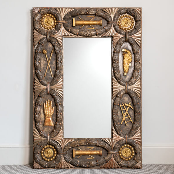 Unusual relief-carved, polychrome and parcel-gilt decorated wood mirror with Arma Christi (Instruments of The Passion), 19th Century or earlier