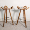 Pair of vintage Brutalist "Marbella" style beech bar stools with steel rope footrests by Viriato Gomez, Toledo, c. 1970s