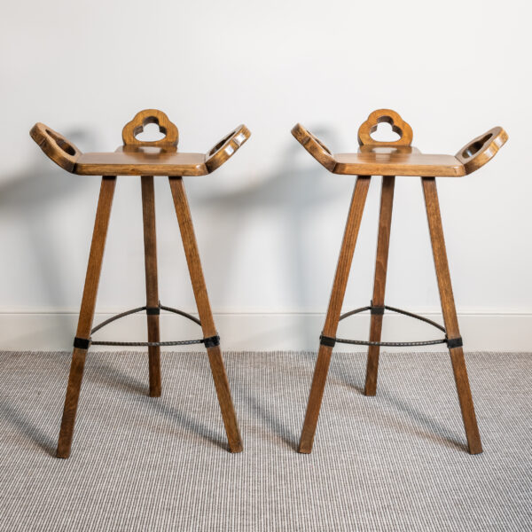 Pair of vintage Brutalist "Marbella" style beech bar stools with steel rope footrests by Viriato Gomez, Toledo, c. 1970s