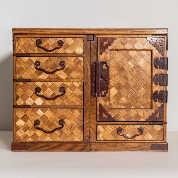 Japanese Meiji period bronze-mounted parquetry inlaid ash table cabinet, 1868-1912