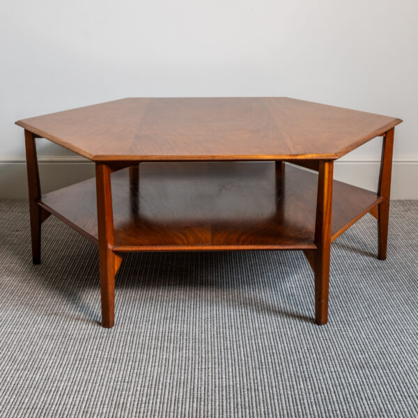 Hexagonal walnut two-tier coffee table, 1970s