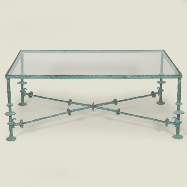 Green patinated bronze coffee table in the style of Giacometti