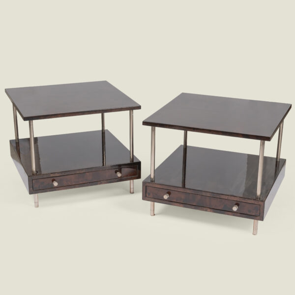 Pair of Italian lacquered parchment and mahogany side tables by Aldo Tura, 1960s