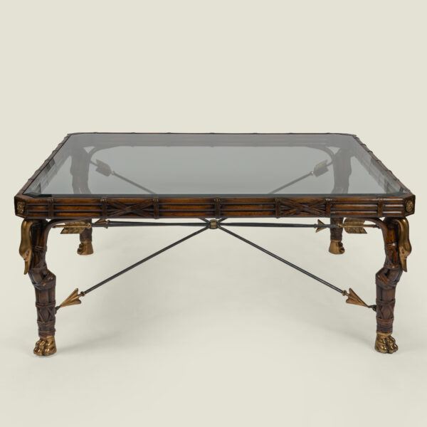 Large Maitland-Smith zoomorphic brass mounted coffee table with arrows, c. 1980s