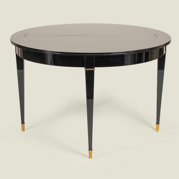 French Mid Century black lacquer fold-over demilune table in the manner of Andre Arbus, c. 1950